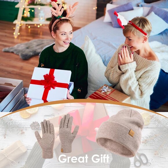 Women's Fleece-Lined Winter Beanie and Touchscreen Gloves Set - Warmth & Style - Picture 6 of 6